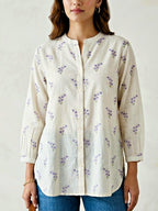 Off-White lilac floral embroidery cotton shirt by Karchobi, featuring casual and workwear style with detailed floral embroidery.