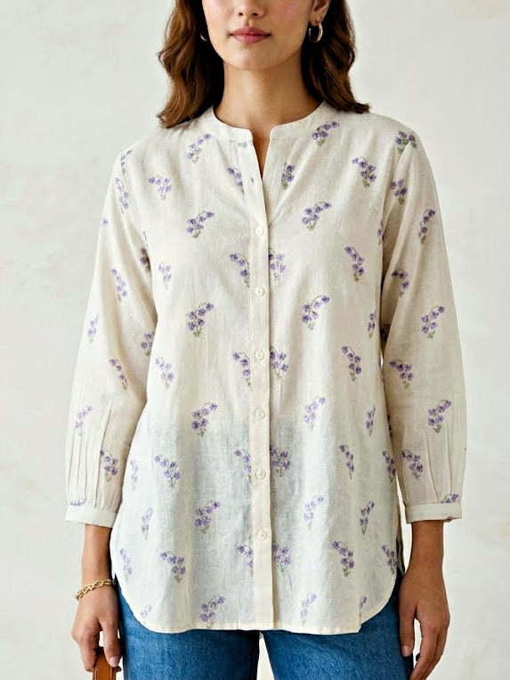 Off-White lilac floral embroidery cotton shirt by Karchobi, featuring casual and workwear style with detailed floral embroidery.