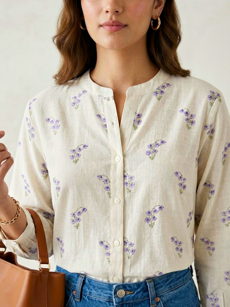 Karchobi off-white cotton shirt with lilac floral embroidery, casual and workwear style, featuring a relaxed fit and detailed design.