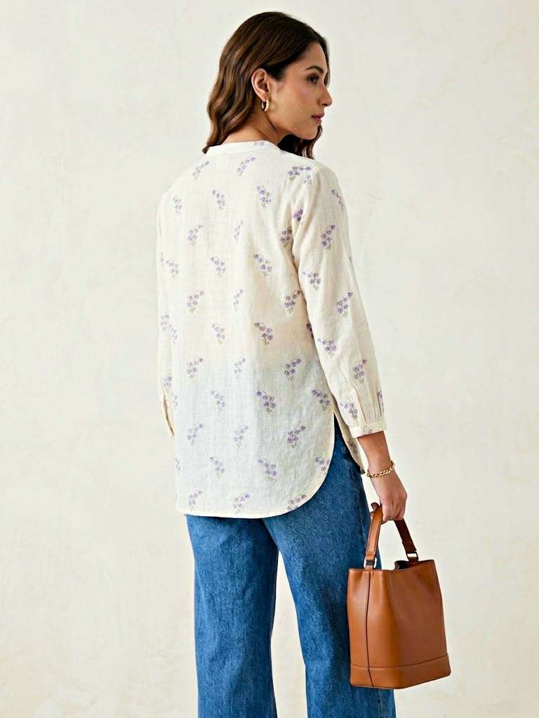 Off-White lilac floral embroidered cotton shirt by Karchobi, featuring casual workwear style with detailed floral embroidery.