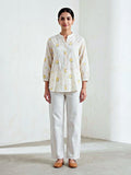 Off-White yellow floral embroidery cotton shirt with pastel floral design, casual workwear style by Karchobi.