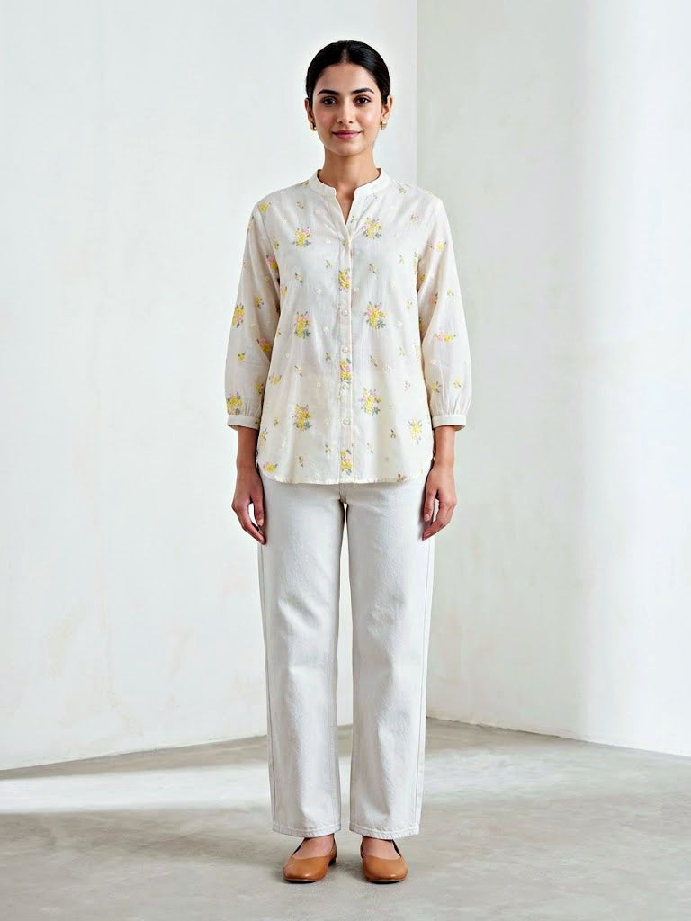Off-White yellow floral embroidery cotton shirt with pastel floral design, casual workwear style by Karchobi.