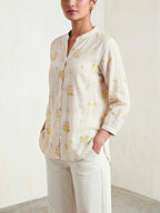 Karchobi Off-White yellow floral embroidery cotton shirt with pastel floral design, casual workwear style.