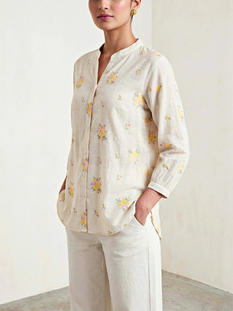 Karchobi Off-White yellow floral embroidery cotton shirt with pastel floral design, casual workwear style.