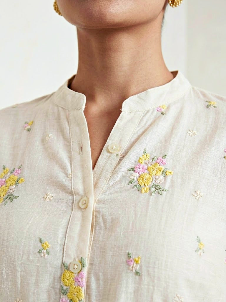 Off-White yellow floral embroidery cotton shirt by Karchobi, casual work wear with pastel floral design and embroidered details.