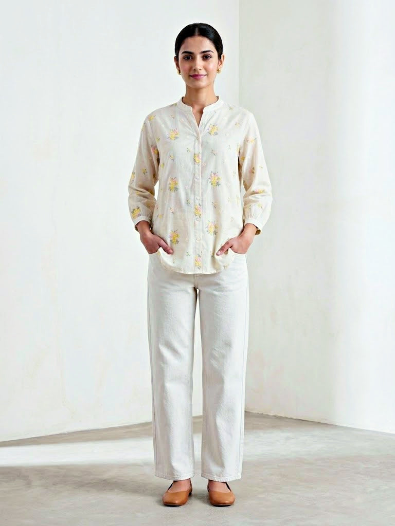 Off-White yellow floral embroidery cotton shirt by Karchobi, showcasing pastel floral design, casual workwear style, front view.