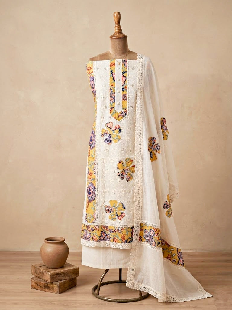 Off-white Schiffli cotton un-stitched suit set by Karchobi with embroidery, patchwork, kurta, pant, and dupatta for women.
