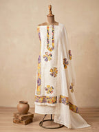 Off-white Schiffli cotton un-stitched suit set by Karchobi with embroidery, patchwork, kurta, pant, and dupatta for women.
