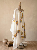 Off-white Schiffli cotton un-stitched suit set with embroidery, patchwork kurta, matching pants, and dupatta by KARCHOBI.