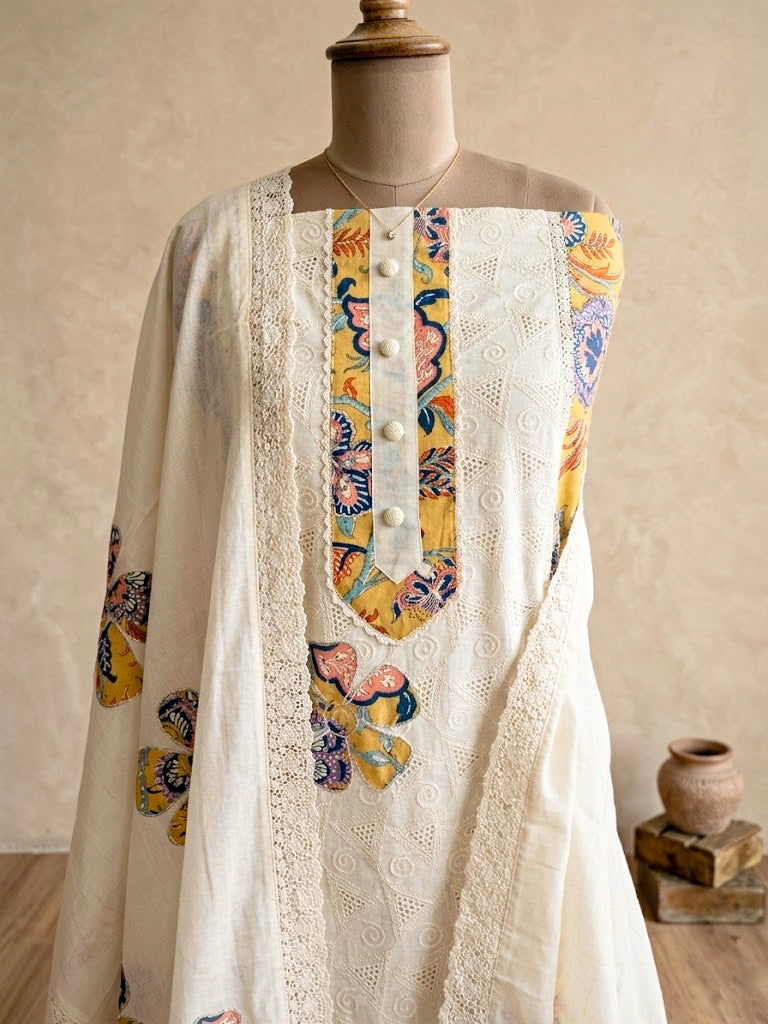 Off-white Schiffli cotton un-stitched suit set with embroidery, applique patchwork, includes kurta, pants, and dupatta, by KARCHOBI.