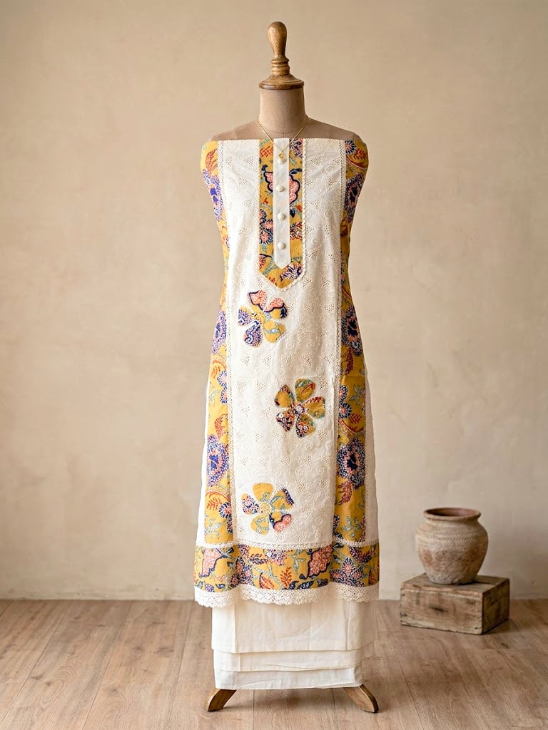 Off-white Schiffli cotton un-stitched suit set with embroidery, appliqué patches, kurta, pants, and dupatta for women.