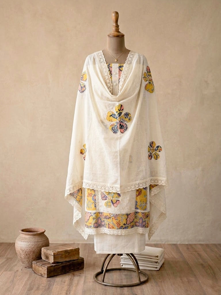 Off-white Schiffli cotton unstitched suit set by Karchobi with embroidery, applique patchwork, kurta, pants, and dupatta, women’s attire