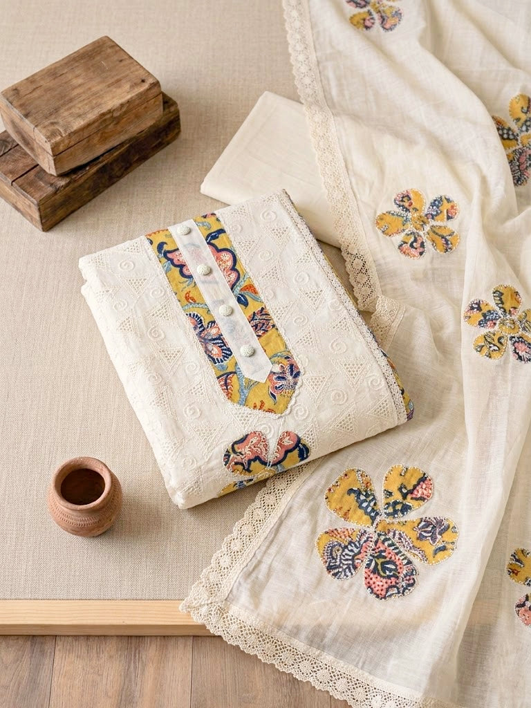 Off-White Schiffli cotton unstitched suit set with embroidery, patchwork kurta, matching pants, and dupatta for women.
