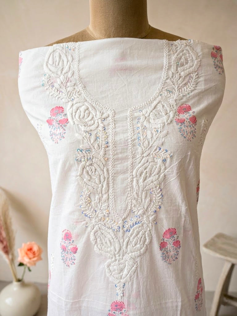 White cotton block print unstitched suit set by Karchobi, includes floral kurta, pants, and dupatta for casual or work wear.