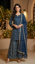 Woman wearing dark teal blue gota embroidery kurta sharara set with dupatta by Karchobi