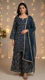 Dark teal blue gota embroidery kurta sharara set with full sleeves by Karchobi