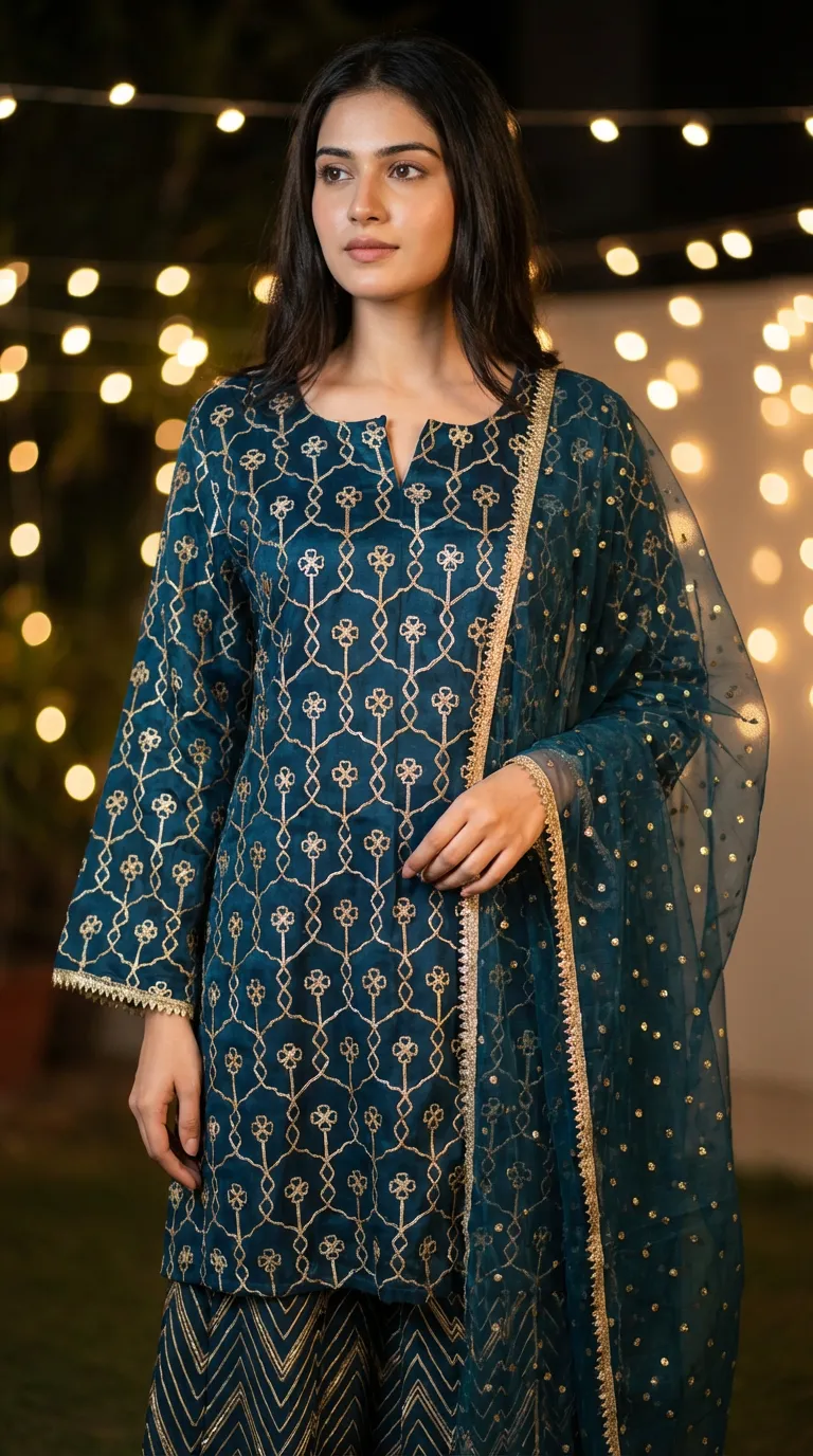Dark teal blue embroidered kurta sharara set with gota work from Karchobi, model outdoors