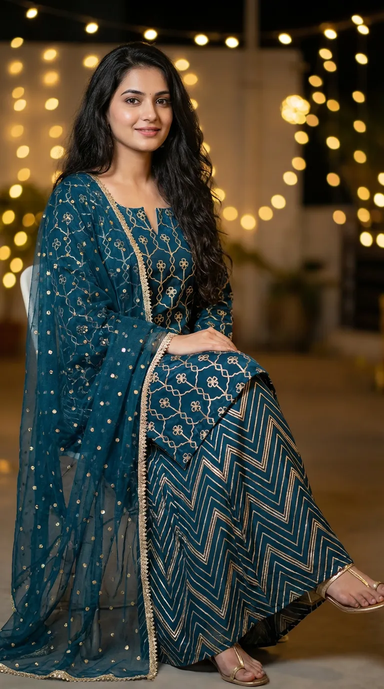 Woman in dark teal blue gota embroidery kurta sharara set from Karchobi, elegant ethnic wear
