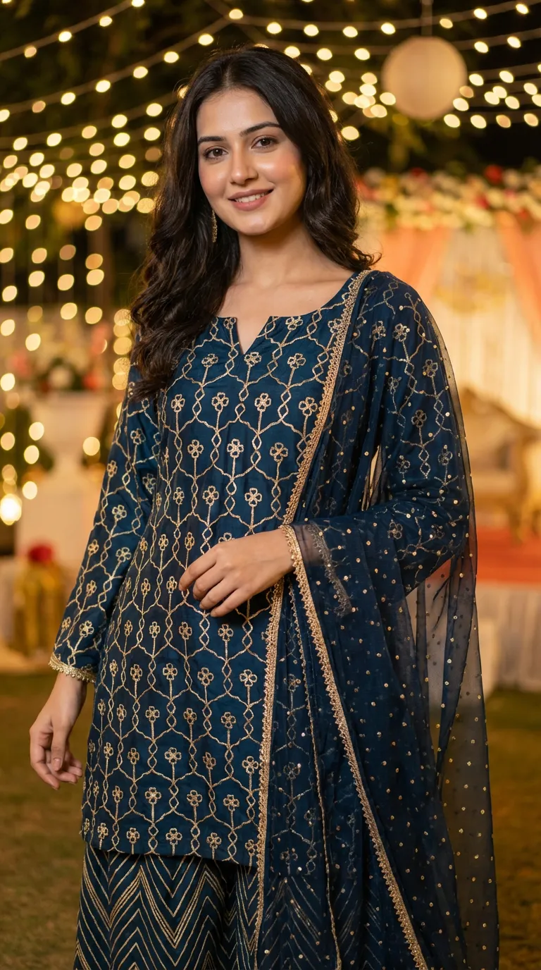 Woman wearing Karchobi dark teal blue gota embroidery kurta sharara set at festive event