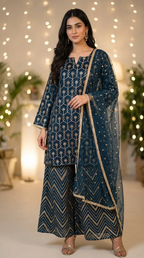 Woman wearing dark teal blue gota embroidery kurta sharara set with dupatta, Karchobi fashion
