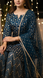 Dark teal blue gota embroidery full sleeves kurta sharara set with dupatta from Karchobi