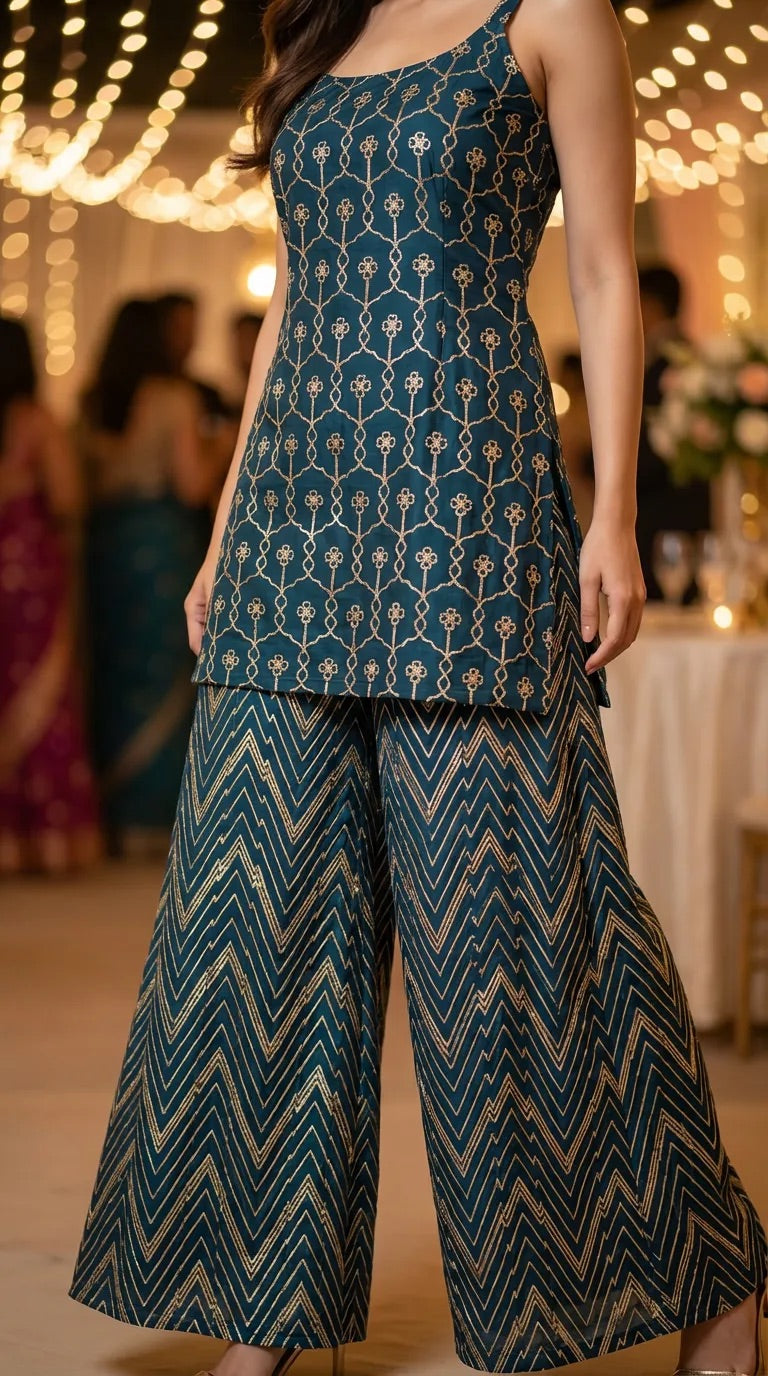 Dark teal blue kurta sharara set with gota embroidery, Karchobi women's occasion wear