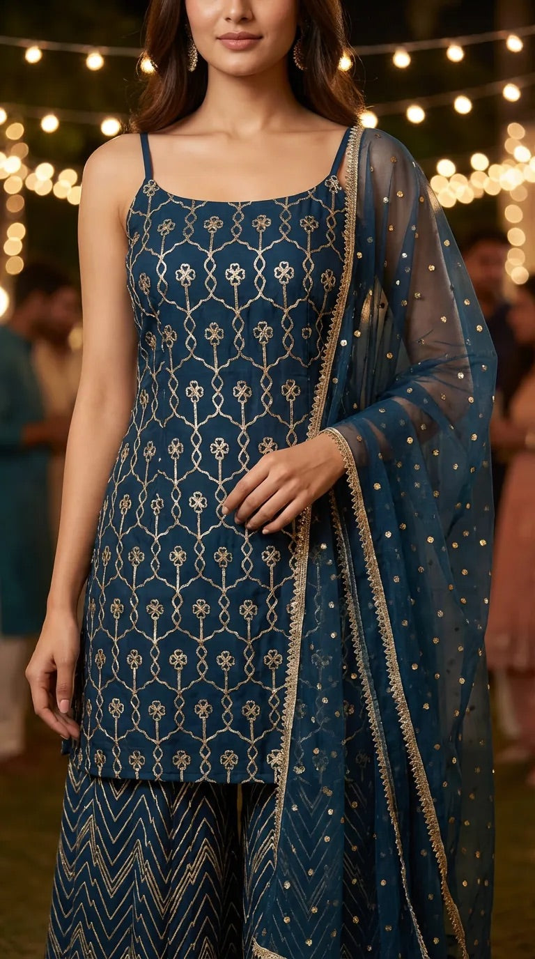 Woman wearing dark teal blue kurta sharara set with gota pattern embroidery from Karchobi.