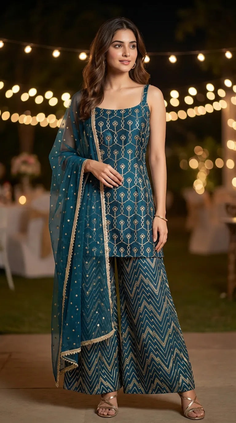 Woman wearing dark teal blue kurta sharara set with gota embroidery from Karchobi