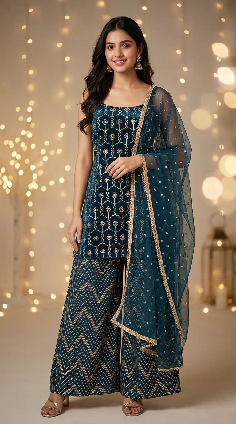 Woman in dark teal blue gota embroidery kurta sharara set with dupatta, Karchobi fashion