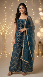 Woman in dark teal blue gota embroidery kurta sharara set with dupatta, Karchobi fashion