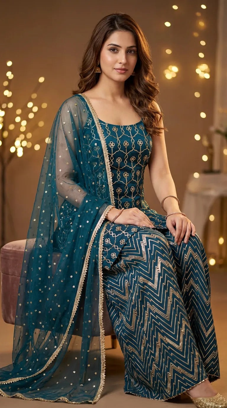 Woman in dark teal blue gota embroidery kurta sharara set, Karchobi festive ethnic wear