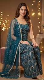 Woman in dark teal blue gota embroidery kurta sharara set, Karchobi festive ethnic wear
