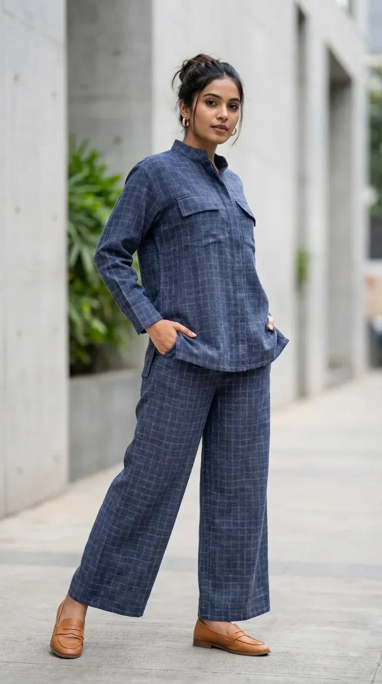 Woman wearing Karchobi denim blue check Mandarin collar shirt and co-ord set outdoors