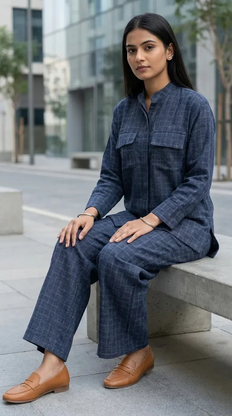 Woman wearing a Karchobi denim blue checked mandarin collar co-ord set, seated outdoors.