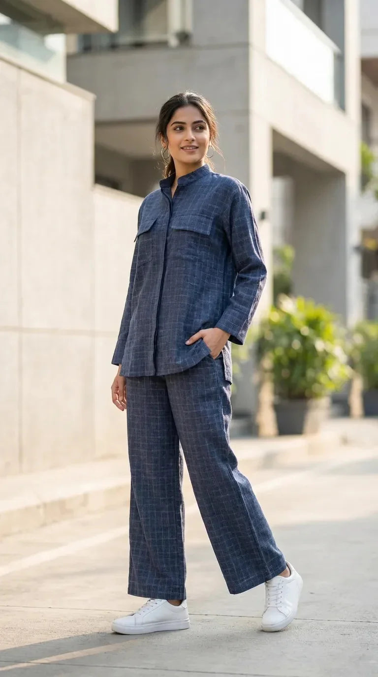 Woman in a denim blue checked co-ord set with mandarin collar shirt from Karchobi, outdoors