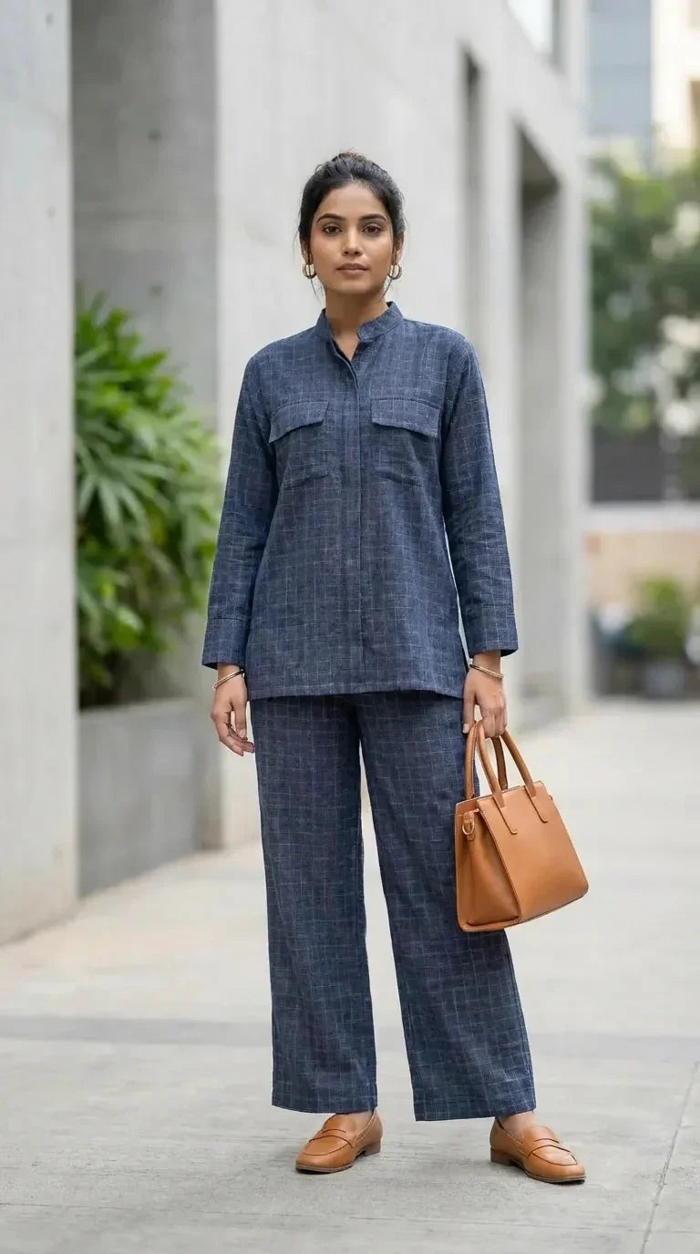Woman wearing denim blue checked mandarin collar shirt co-ord set from Karchobi, holding brown handbag