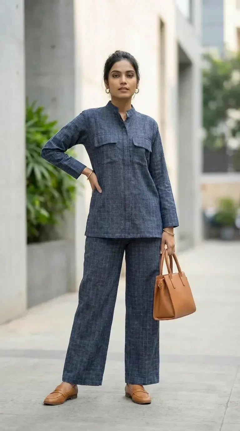 Woman wearing denim blue checks mandarin collar shirt co-ord set from Karchobi, holding tan handbag, standing outdoors.