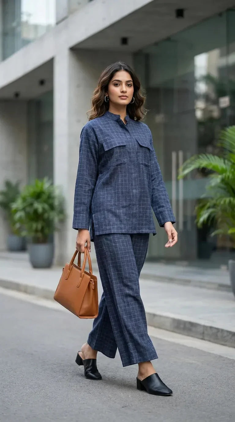 Woman in blue checked co-ord set with mandarin collar shirt from Karchobi, stylish streetwear