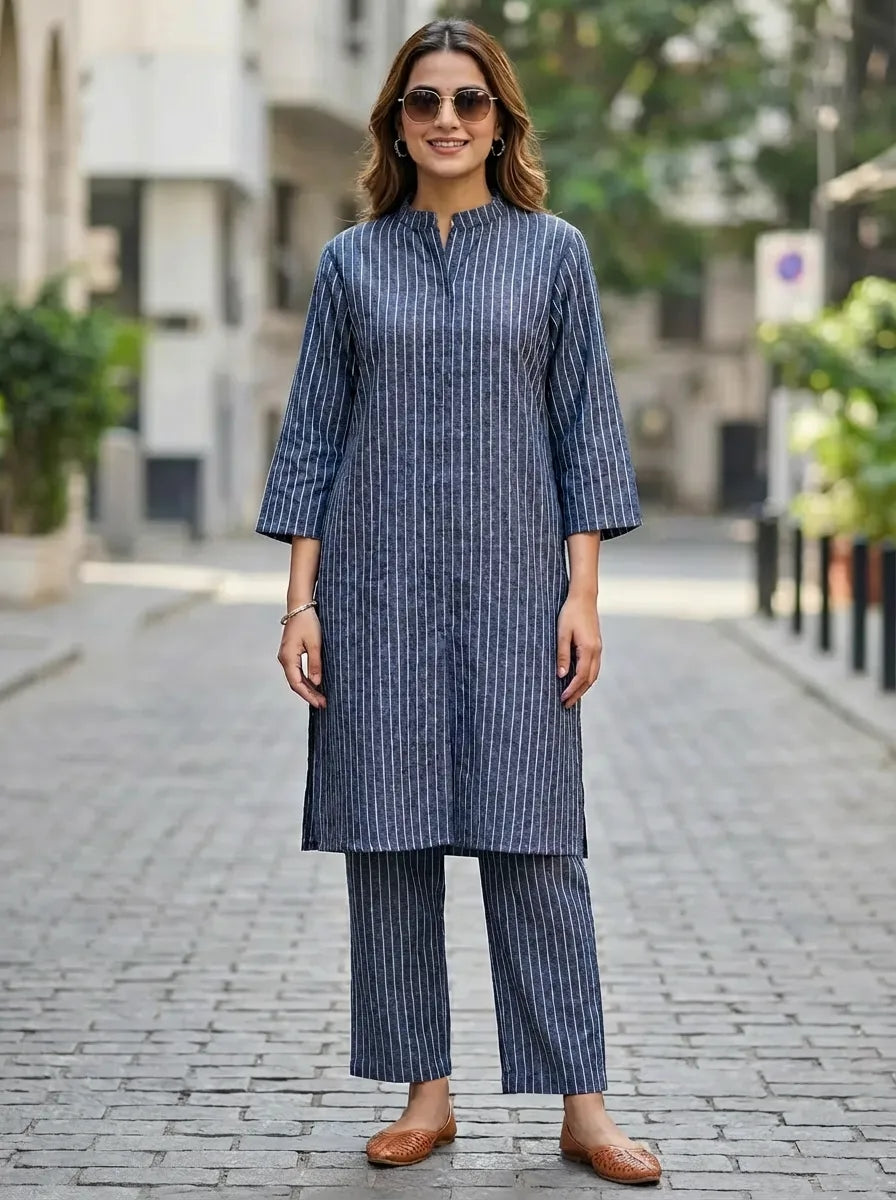 Woman wearing blue striped linen cotton kurta pant co-ord set for office wear