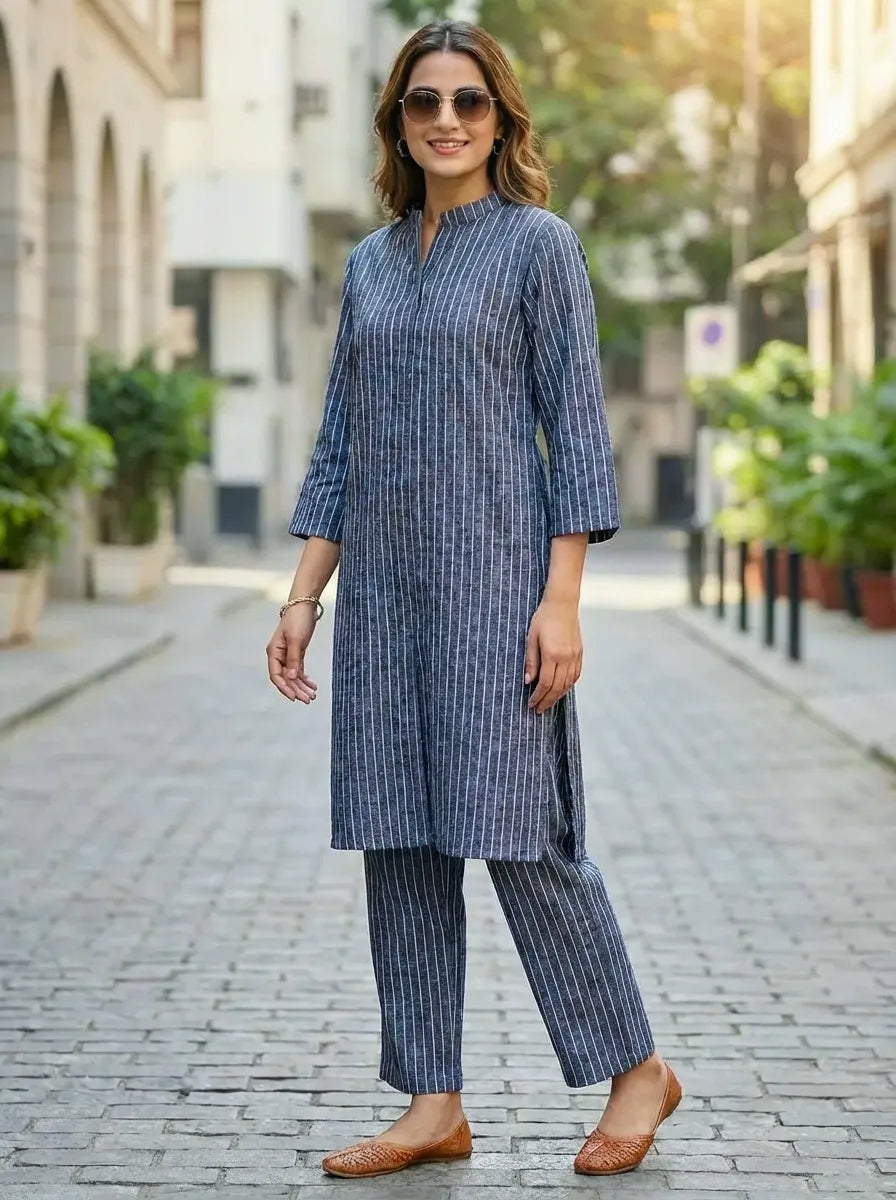 Blue striped kurta pant co-ord set for women everyday wear