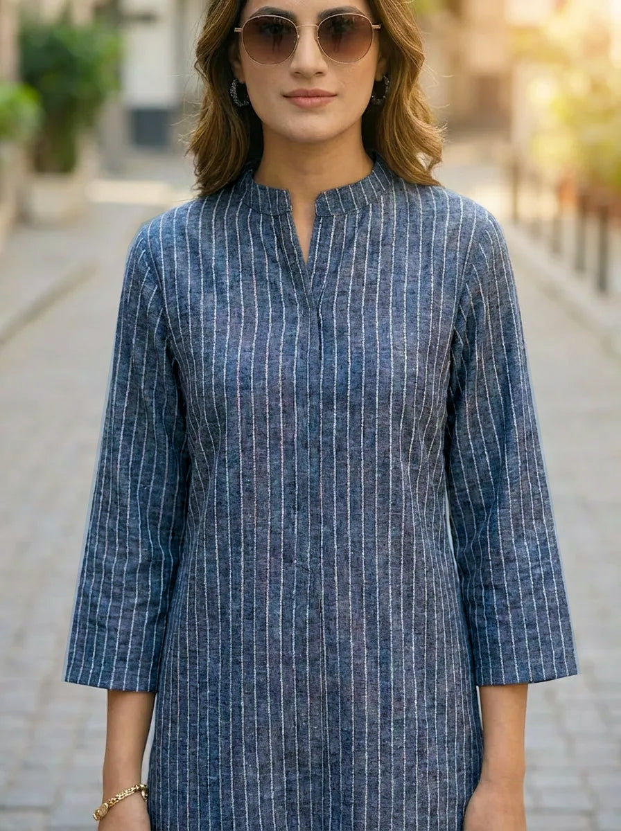 Linen cotton striped kurta fabric detail women co-ord set