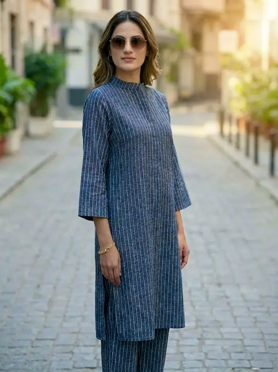 Straight fit blue striped kurta pant coord set for women