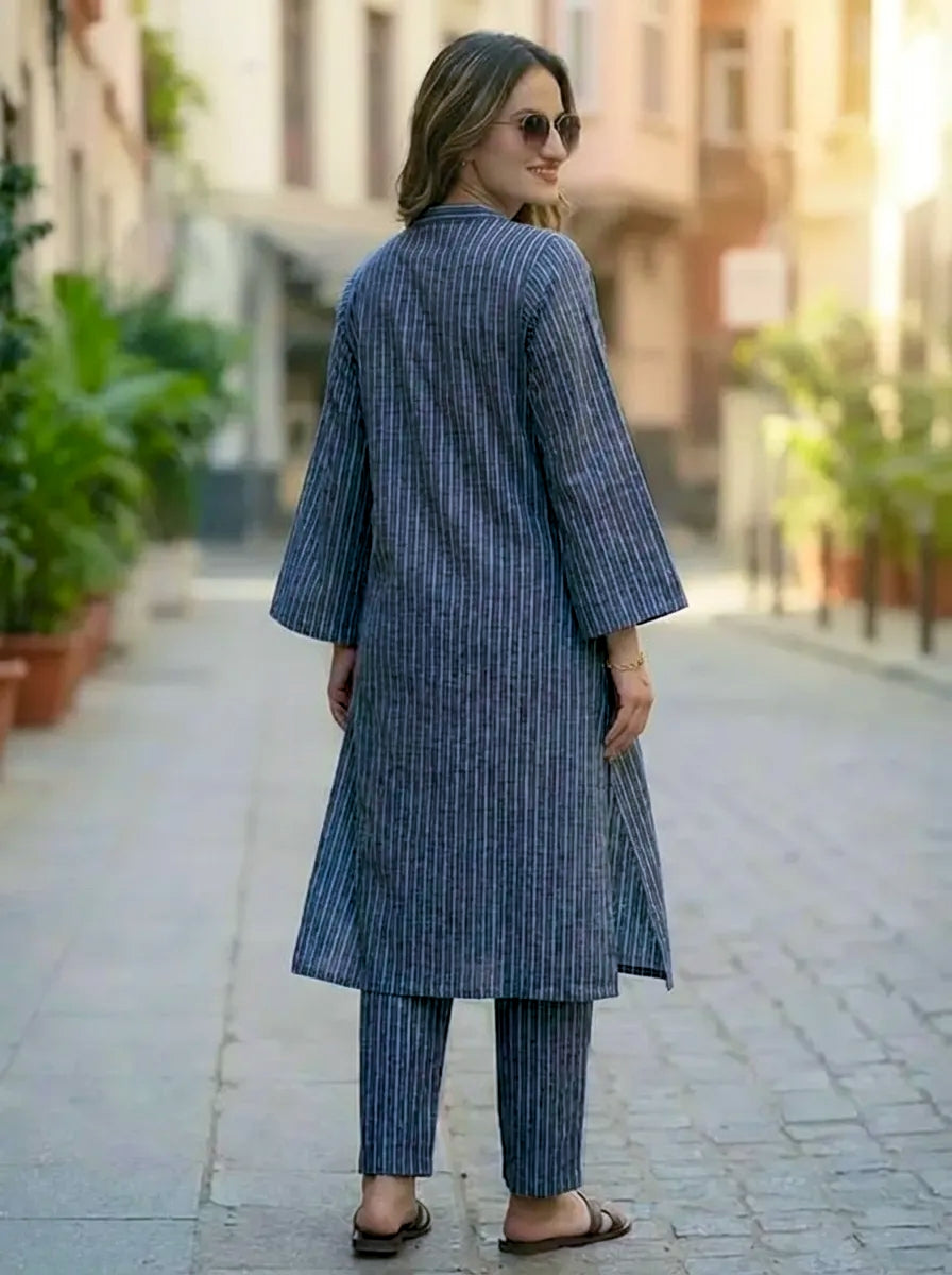 Straight fit blue striped kurta pant set women. 