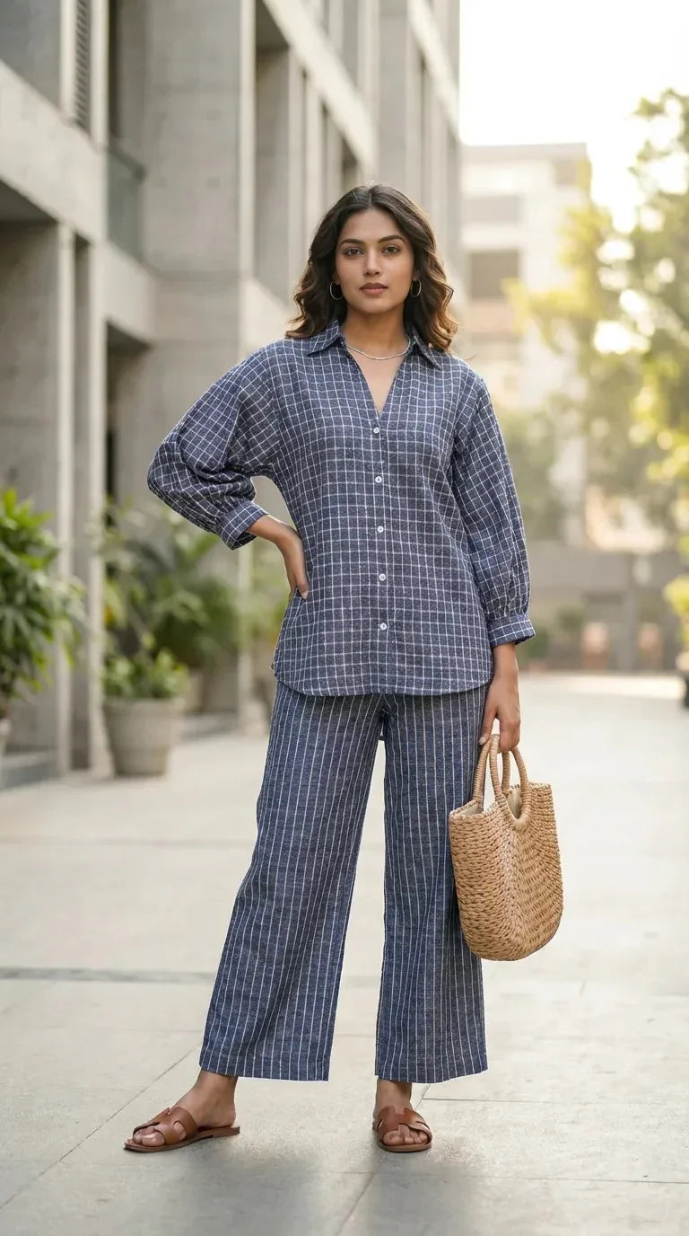 Woman modeling denim blue zari checks co-ord set shirt and pants from Karchobi, outdoors