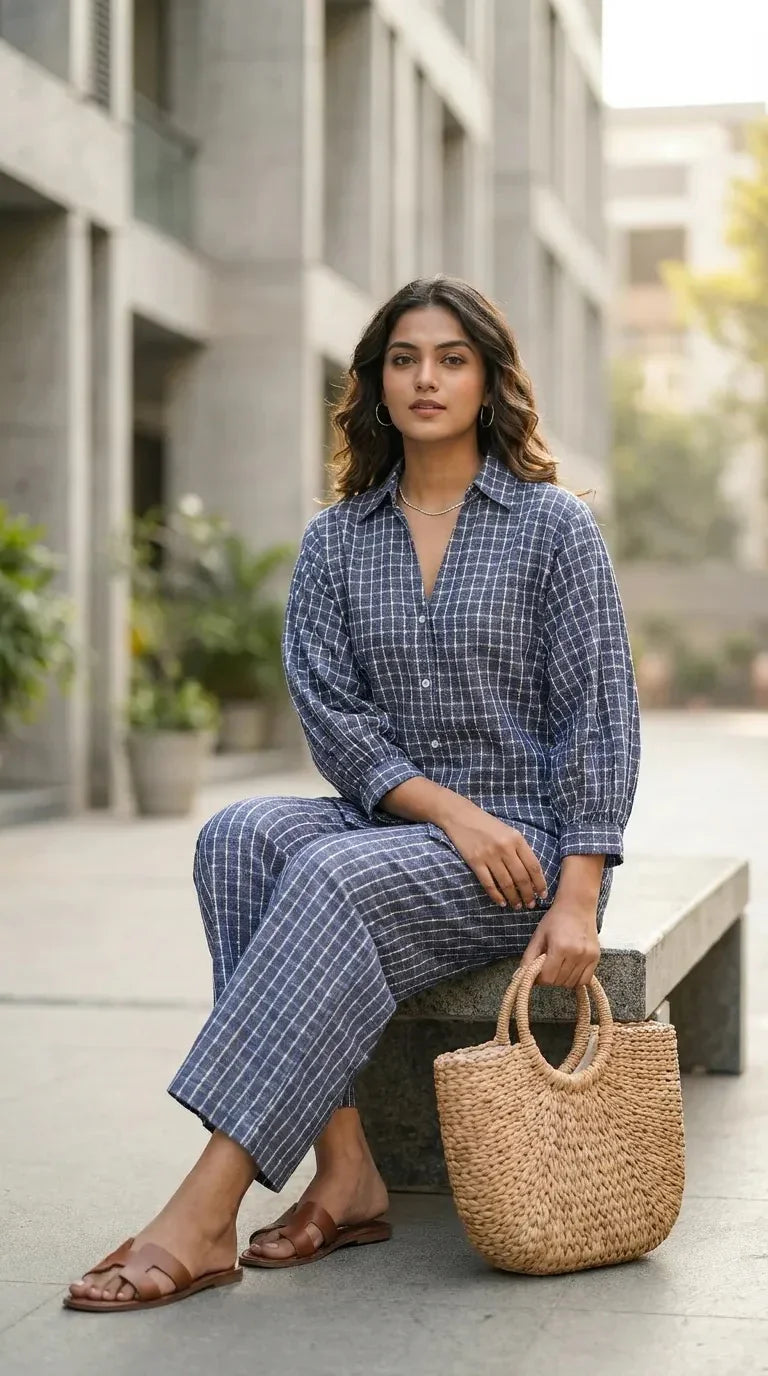 Woman in denim blue zari checks co-ord set with woven bag, outdoor casual style by Karchobi