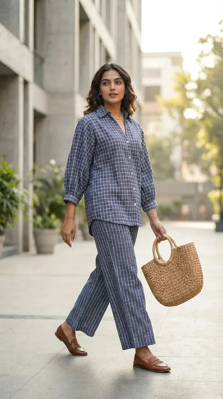 Woman in denim blue checked co-ord set from Karchobi, holding a straw bag outdoors