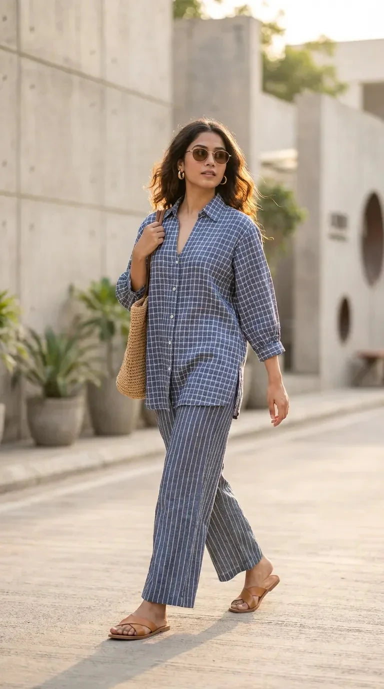 Woman wearing Karchobi denim blue zari checks shirt co-ord set, outdoor street style fashion