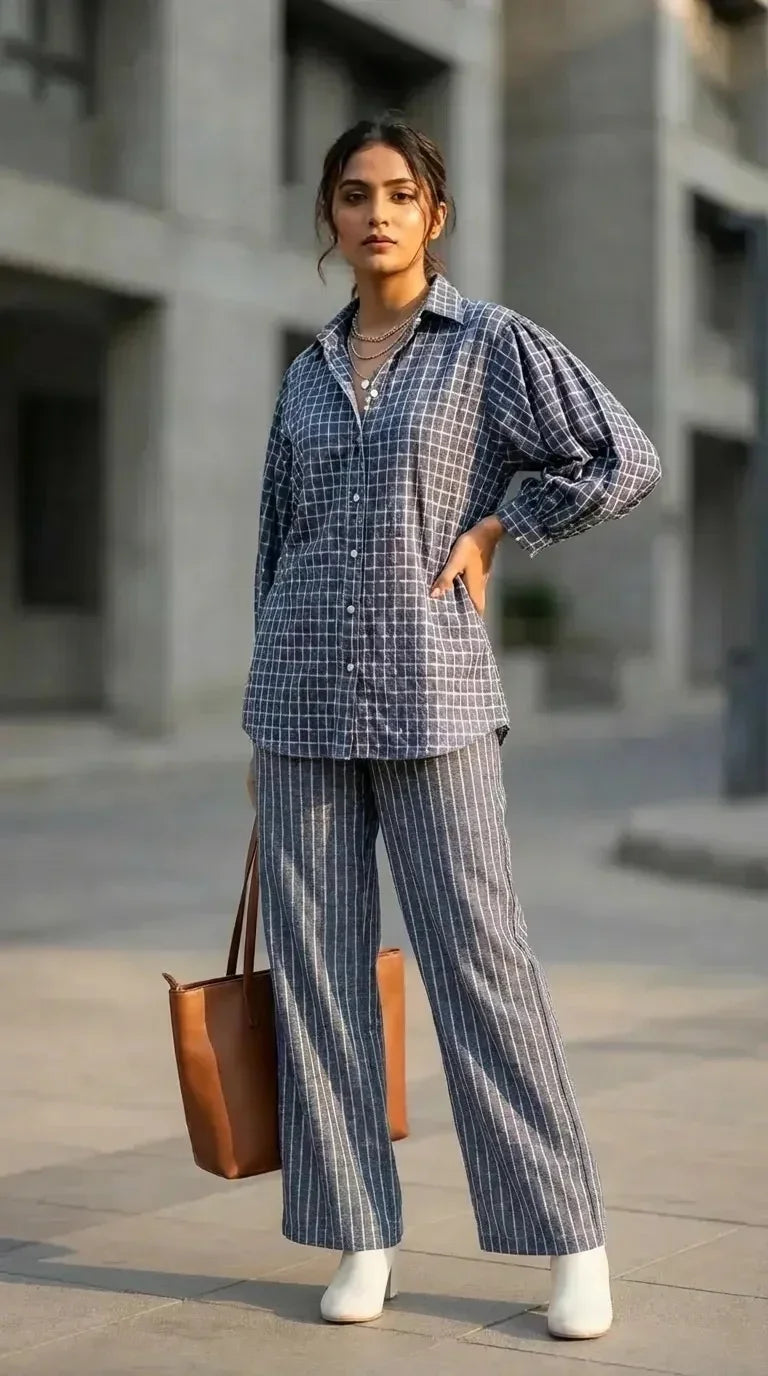 Woman wearing Karchobi denim blue zari checks shirt co-ord set, holding brown tote bag, outdoors