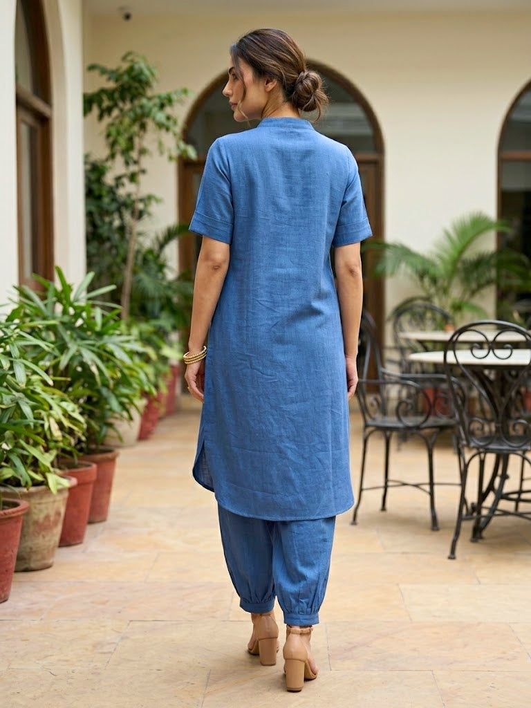 Dusty Blue Modal Slub Kurta & Afghani Salwar Co-Ord Set