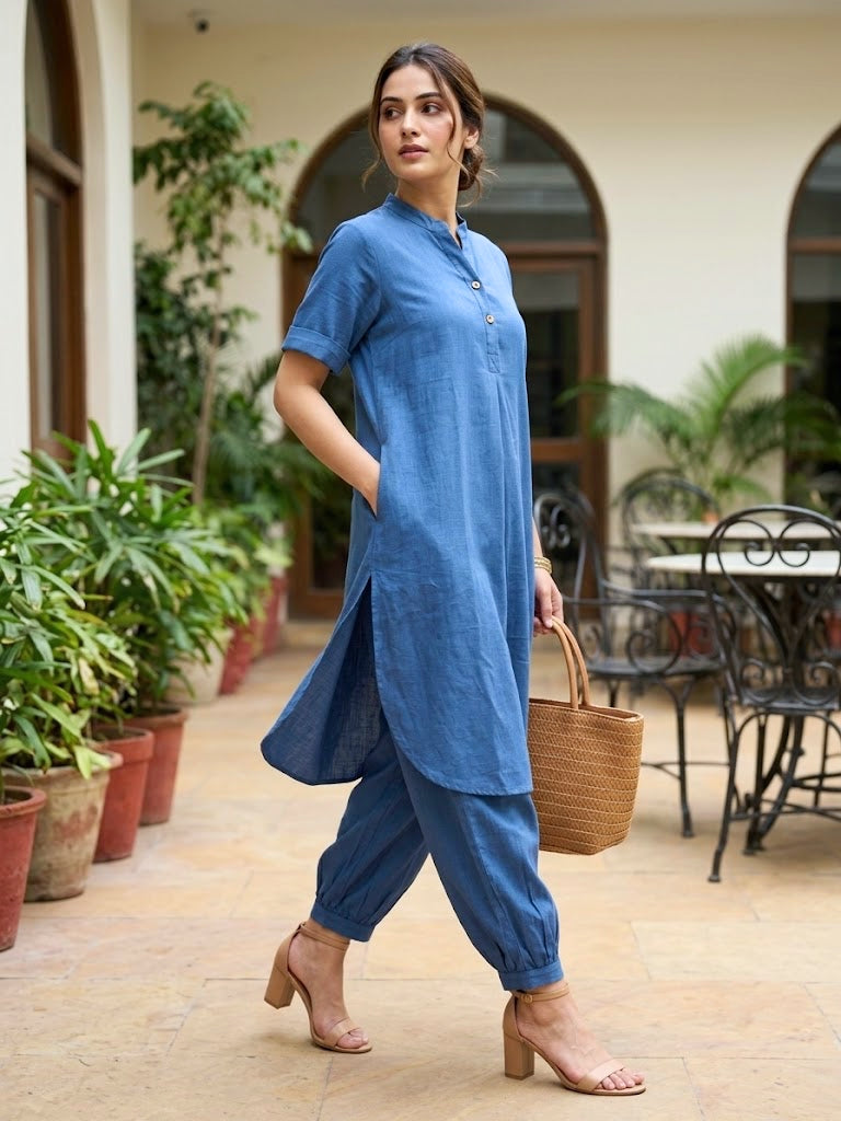 Dusty Blue Modal Slub Kurta & Afghani Salwar Co-Ord Set